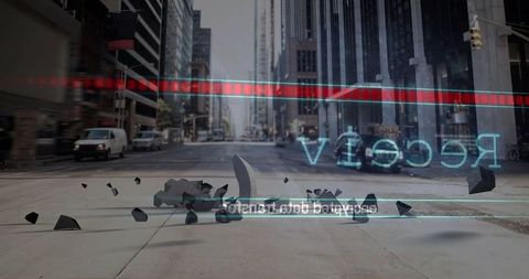 Futuristic Urban Scene with Glitch Art and Abstract Elements