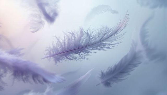 Lavender feather floating in soft pastel glow — delicate plume drifting with bokeh