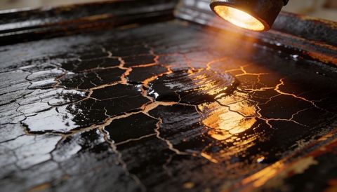 Glossy cracked resin panel with amber spotlight reflection on framed workshop surface