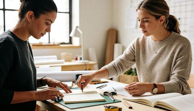 Two women collaborating over notebooks in bright creative studio planning designs