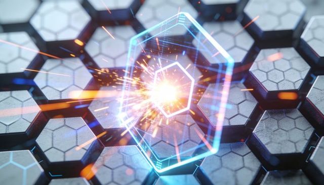 Holographic hexagon emitting energy burst over futuristic neon hex tile grid circuit hud