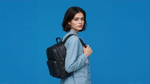 Fashionable Woman Posing with Backpack Against Blue Background