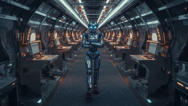 Advanced Humanoid Robot Strolling Through Tech Spacecraft Corridor