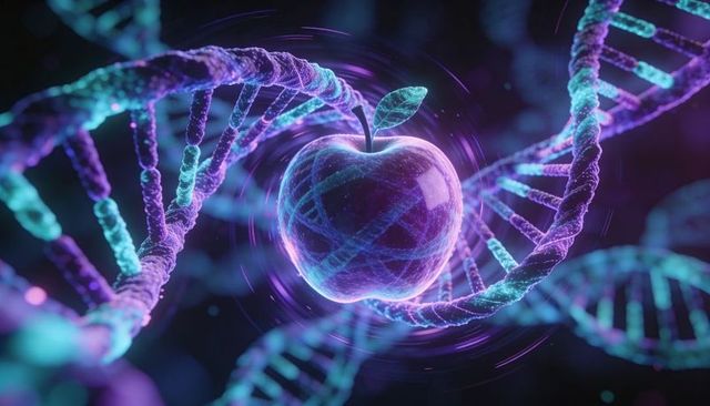 Floating neon apple glowing with dna helices biotech concept for branding