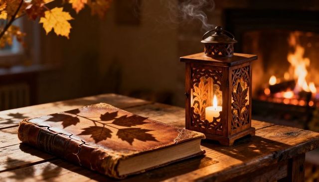 Vintage leather book casting maple leaf shadow beside carved lantern and fireplace glow