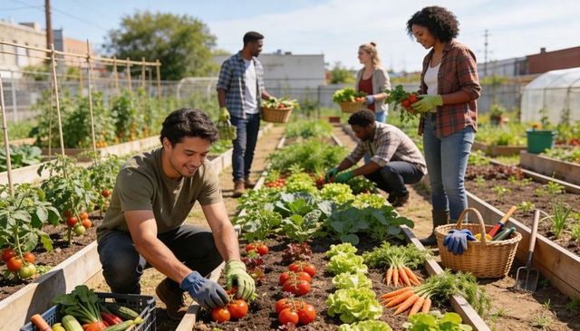 Community gardeners harvesting ripe tomatoes and fresh vegetables in urban raised beds
