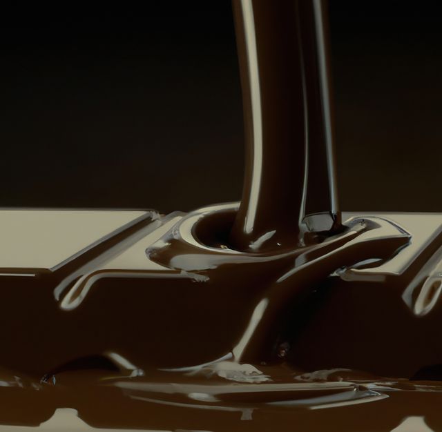 This image highlights the sensual texture and creamy appearance of melted chocolate being poured onto a chocolate bar. Perfect for use in advertising confectionery products, baking, recipes, or any marketing materials related to gourmet food and indulgent desserts.