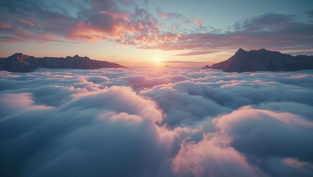 Serene Sunrise Over Cloud-Covered Mountain Range