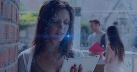Female Student Using Tablet with Augmented Reality HUD on College Campus Walkway