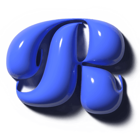 Cobalt-blue glossy tubular sculpture floating on transparent backdrop with rim lighting
