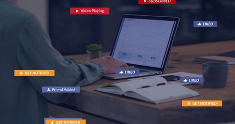 Woman typing on laptop viewing analytics dashboard with social media notification overlays