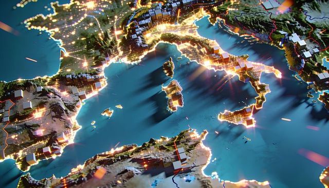 Neon night map of italy and sicily with glowing coasts, 3d data nodes and topography