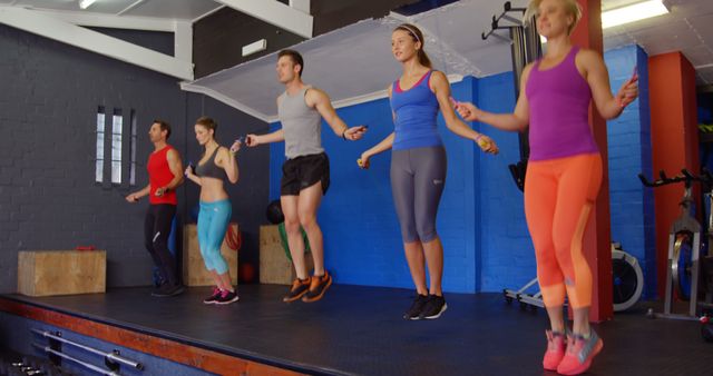 Group of people performing skipping exercise in gym