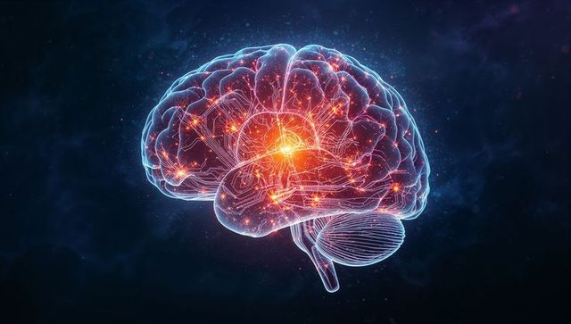 3d rendered human brain model with glowing neural circuits