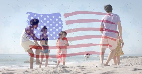 Diverse Friends Enjoying Beach with Symbolic USA Flag Overlay