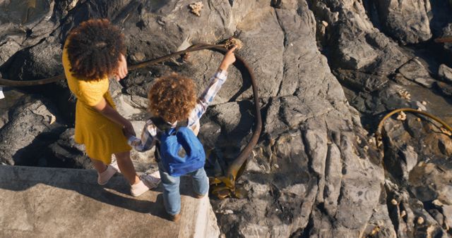 High angle of biracial mother and son holding hands and pointing on sunny rocky beach, copy space. Motherhood, childhood, togetherness, summer, vacations and free time, unaltered.