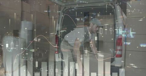 Courier loading packages overlaid with financial charts