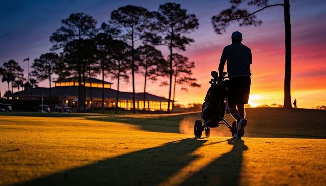 Pushing golf trolley across sunlit fairway at dramatic sunset with silhouetted clubhouse