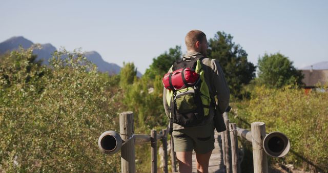 Hiker with Backpack Walking on Wooden Bridge in Nature - Download Free Stock Images Pikwizard.com