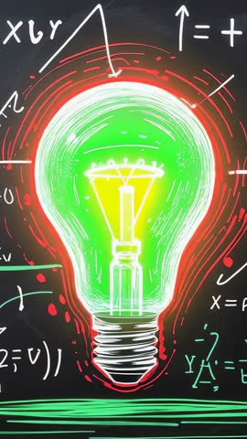 Vertical Chalkboard Lightbulb Glowing Over Formulas for Innovation and STEM Teaching