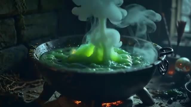 Mystical Green Potion Boiling in Iron Cauldron