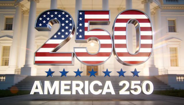 America 250 chrome numerals with us flag texture and stars in front of white house steps