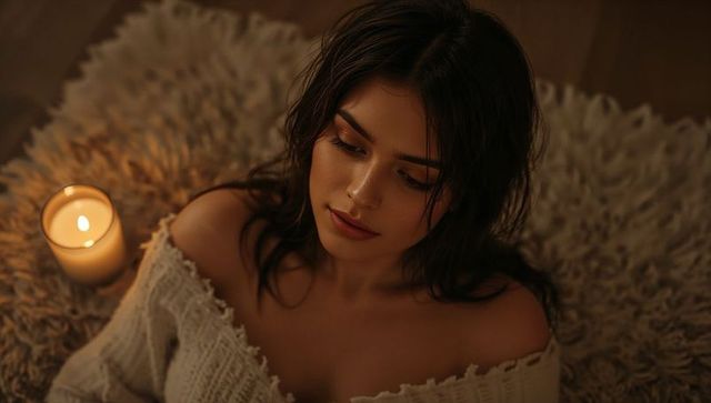 Candlelit intimate moment: woman wearing off-shoulder sweater relaxing on shag rug