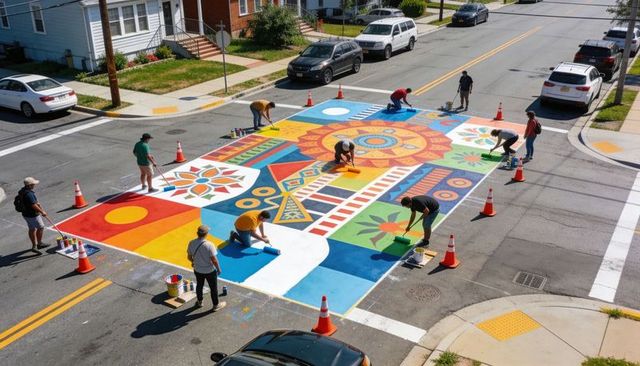 Volunteers painting vibrant geometric floral street mural at neighborhood intersection