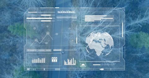 Futuristic hud overlay over forest canopy with global data, aerial analytics