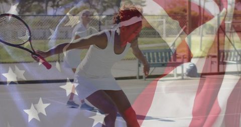 Dynamic Tennis Players with Patriotic American Flag Overlay