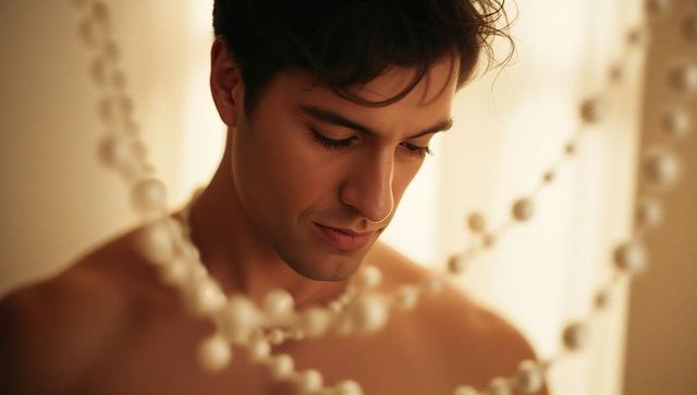 Contemplative bare-chested man gazing down through backlit pearl strands, intimate portrait