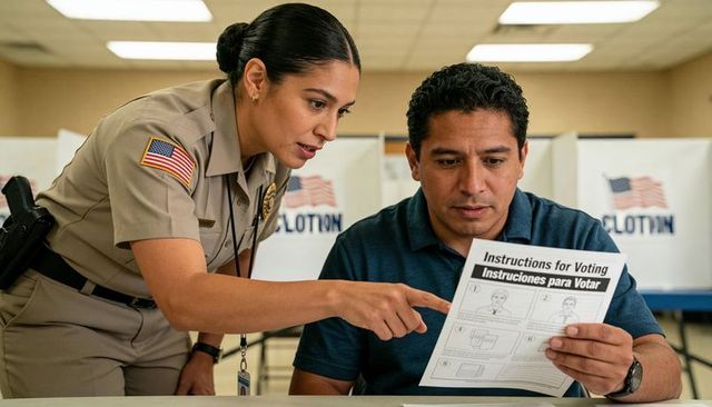 Bilingual voting assistance: uniformed officer pointing to ballot instructions