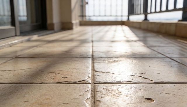 Tapping screen scanning sunlit balcony tiles annotating grout cracks with AR for upkeep