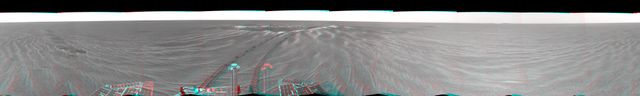 This is a 3-D version of the first 360-degree view from NASA Mars Exploration Rover Opportunity position outside Eagle Crater. 3D glasses are necessary to view this image.