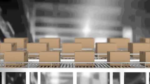Cardboard Boxes on Conveyor Belt in Warehouse Setting
