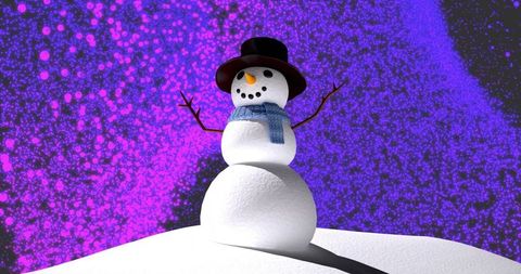 Snowman standing on snow mound wearing top hat and scarf against purple aurora