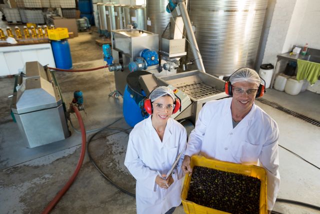 Technicians in protective gear holding a crate of fresh olives in a factory environment. This image can be used for articles or advertisements related to food production, quality control, teamwork in industrial settings, or the olive oil industry.