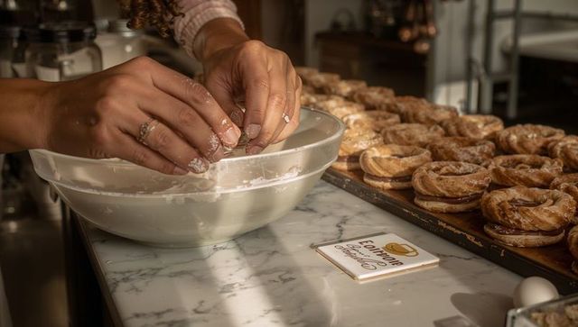 Flour-dusted hands pinching dough in wide bowl beside tray of rustic filled pastries