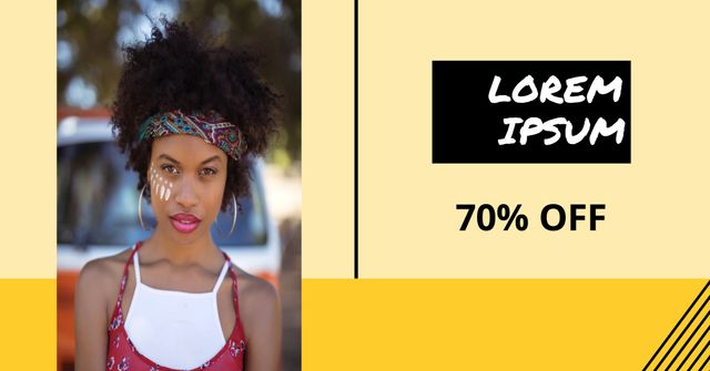 This image showcases a stylish and confident young woman promoting a fashion sale. The bold design and artistic makeup draw attention to the 70% off discount. Ideal for fashion retailers, social media campaigns, and marketing materials aiming to attract a trendy audience.