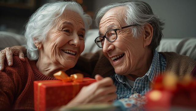 Elderly couple exchanging gift in cozy living room