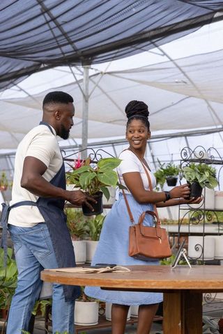 Nursery worker assisting customer with potted plants in bright greenhouse retail environment
