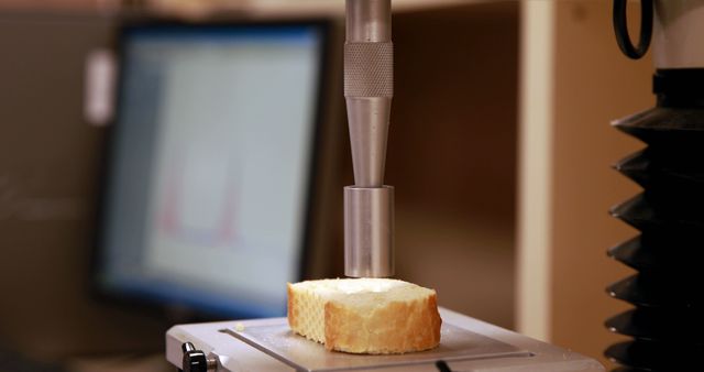 Close-up view of a bread slice being tested for compression in a laboratory setting, typically used in scientific experiments or food quality control. Suitable for illustrating scientific research in the food industry, food texture analysis, or educational materials on laboratory procedures.