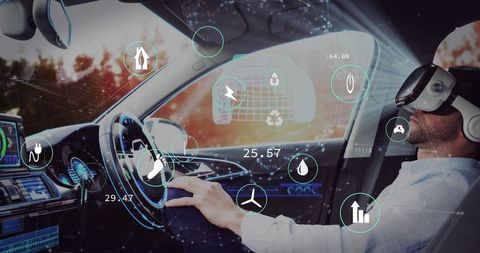 Driver Experiencing Virtual Reality in High-Tech Car Interior