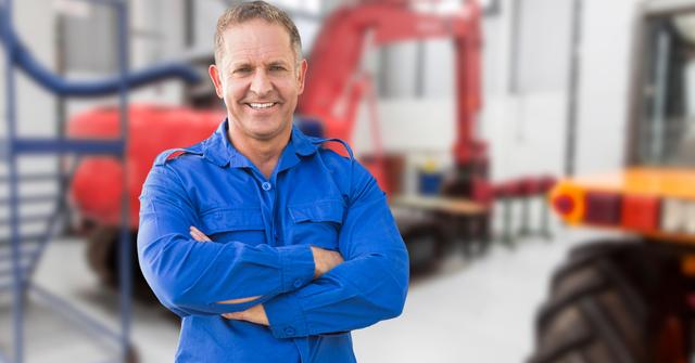 Male worker in blue uniform standing with arms crossed in an industrial environment. Machinery and equipment are visible in the blurred background. Ideal for use in articles or advertisements related to manufacturing, engineering, industrial work, and professional labor.