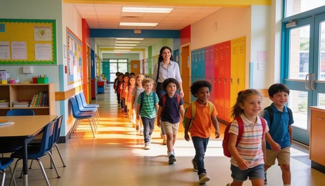 Smiling teacher leading elementary students down colorful school hallway with backpacks