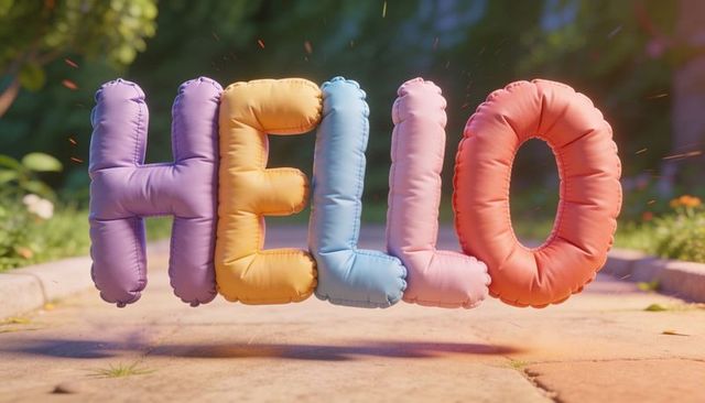 Floating stitched balloon letters hello, sunlit garden glow, playful inflatable typography