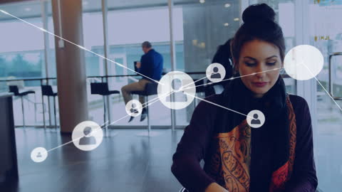 Businesswoman Networking in Modern Cafe with Digital Connections Overlay