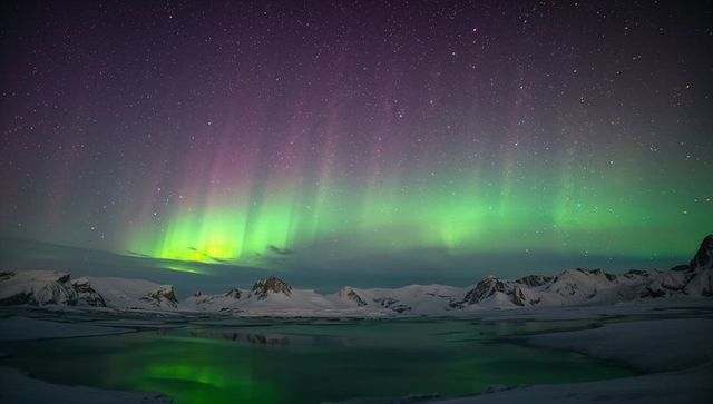 Aurora Borealis painting green-purple ribbons above Arctic peaks reflecting on frozen lake