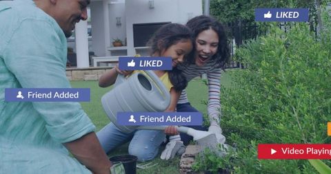Family planting in backyard garden with watering can, gloves and social media overlays