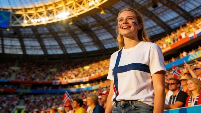 Smiling young woman wearing nordic cross t-shirt, waving flag, cheering in sunlit stadium